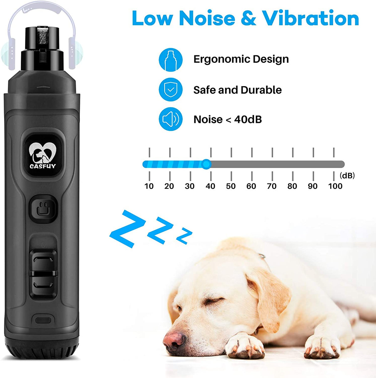 2-Speed Electric Dog Nail Grinder with 2 LED Lights - Professional Quiet & Painless Grooming for All Dog and Cat Sizes (Grey)