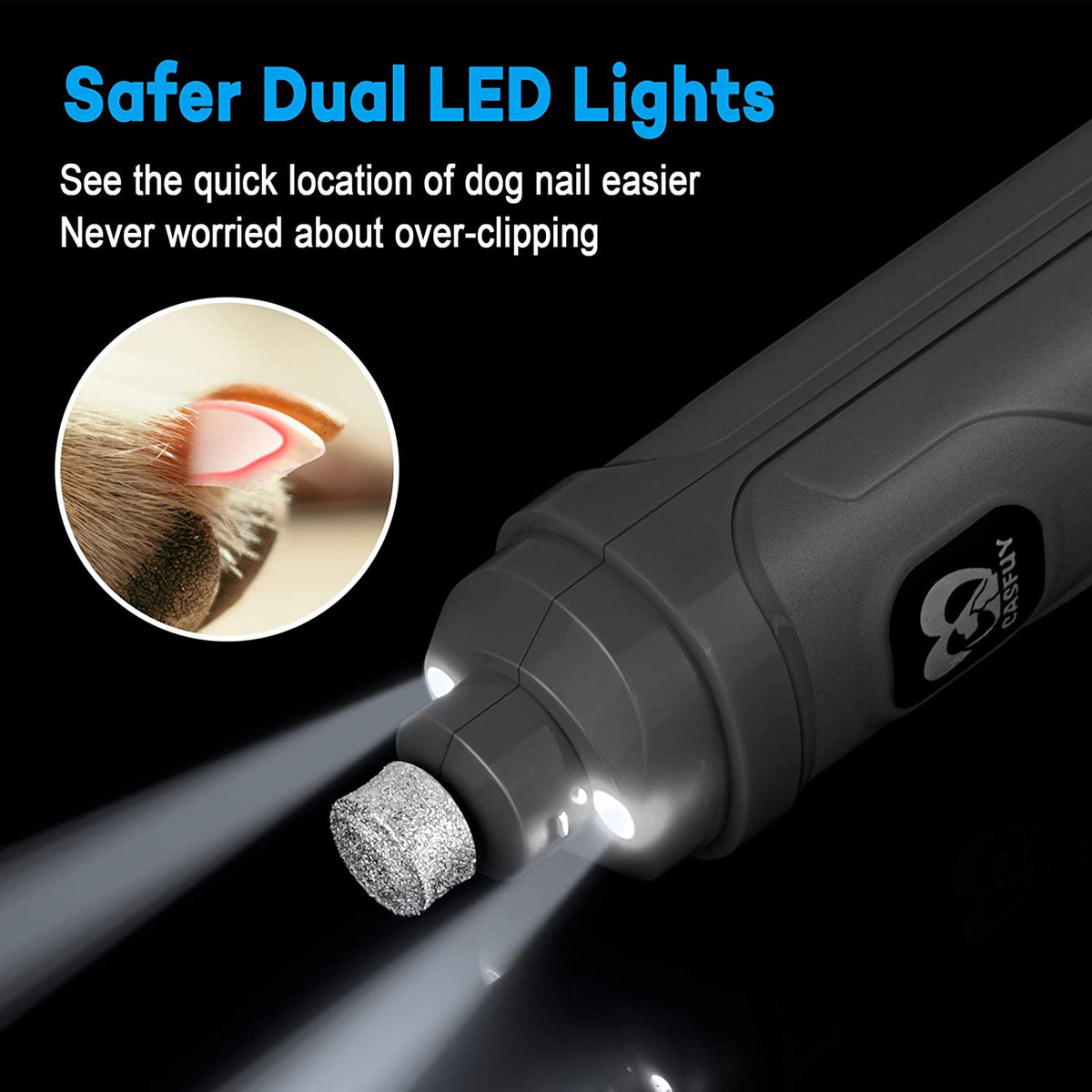 2-Speed Electric Dog Nail Grinder with 2 LED Lights - Professional Quiet & Painless Grooming for All Dog and Cat Sizes (Grey)