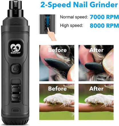 2-Speed Electric Dog Nail Grinder with 2 LED Lights - Professional Quiet & Painless Grooming for All Dog and Cat Sizes (Grey)